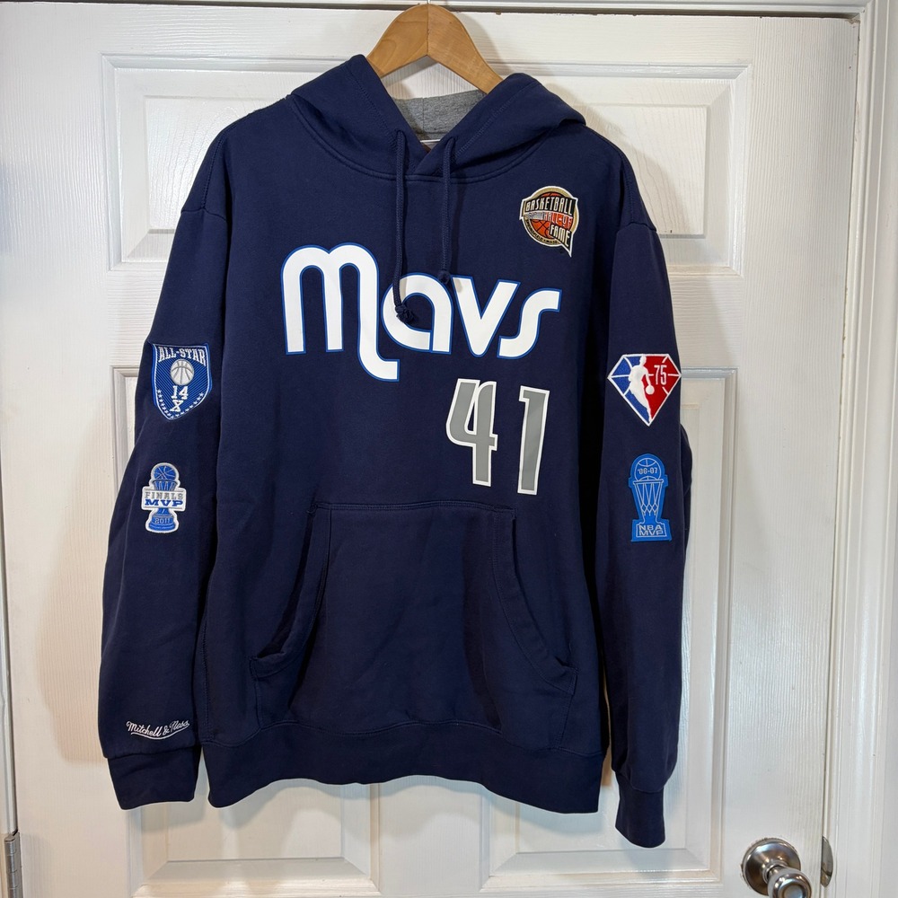 Dallas‎ Mavericks Dirk Nowitzki 41 Mitchell & Ness Navy Blue Patch Hoodie Mens M